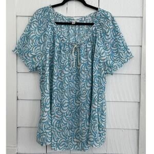 Croft & Barrow Woman 1X Blouse Aqua Tan Abstract Lightweight Resort Coastal Boho